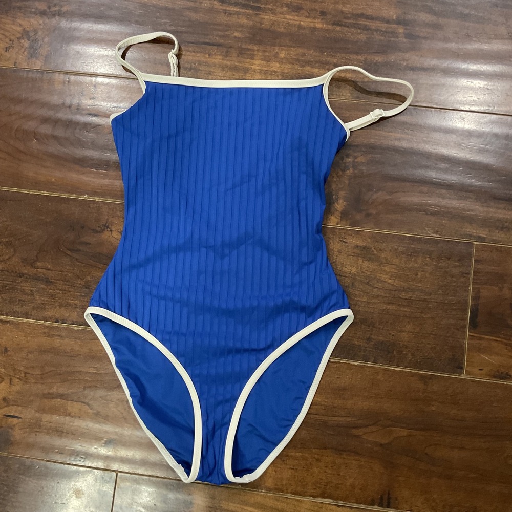 Aerie Real Good Ribbed One Piece Swimsuit Blue White Trim XS Full Coverage UPF50